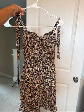 Floral Tie-Strap Sundress — Black with Pink & Yellow Flowers